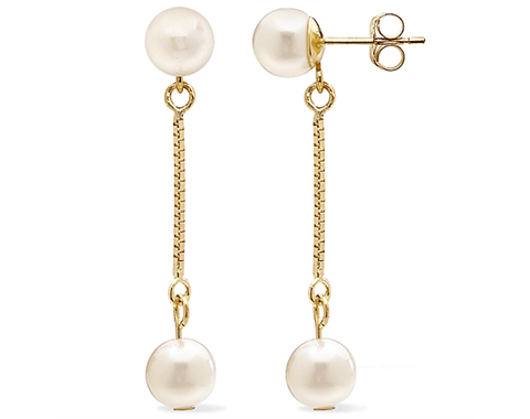 14k Yellow Gold White Freshwater Pearl Chain Earrings
